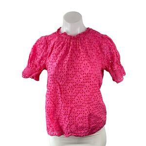 J,Crew Women's Pink Embroidered Eyelet Short Puff Sleeve Mock Neck Blouse Top S